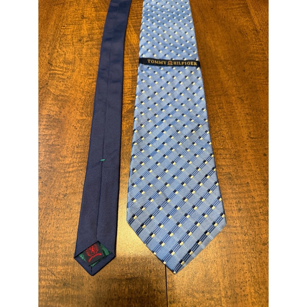 NWT Tommy Hilfiger Men's 100% Silk Tie Blue Yellow Geometric Plaid Made USA